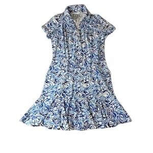 IBKUL Womens Blue Swirl Print Collared Short Sleeve Golf Pickleball Dress